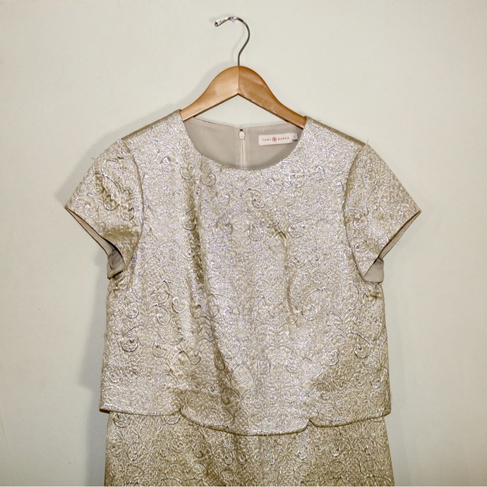 Tory Burch Brielle Metallic Brocade Mock Two Piece Dress in Sandshell - Picture 6 of 16